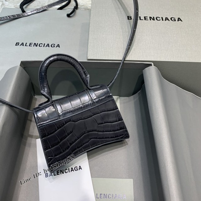 Balenciaga專櫃爆款迷你鱷魚碳黑色手提女包 巴黎世家mini Hourglass沙漏包 fyj1930